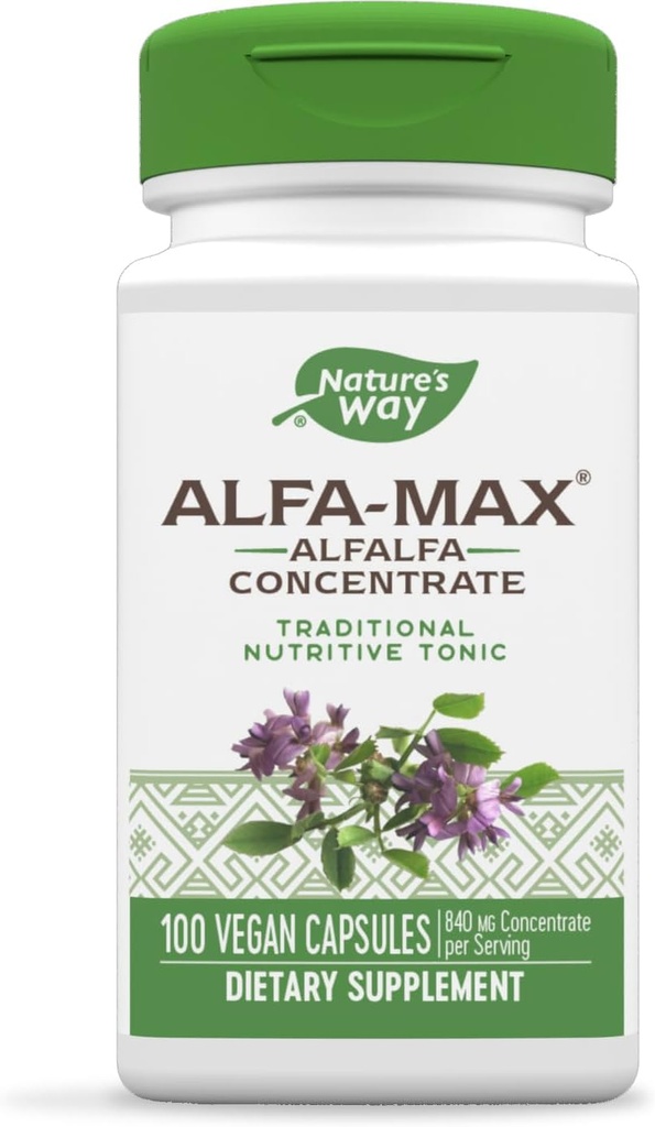 Nature's Way Alfa-Max - Συμπλήρωμα Alfalfa - Alfalfa Leaf, Stem & Flower - Χωρίς γλουτένη & Vegan - 100 κάψουλες