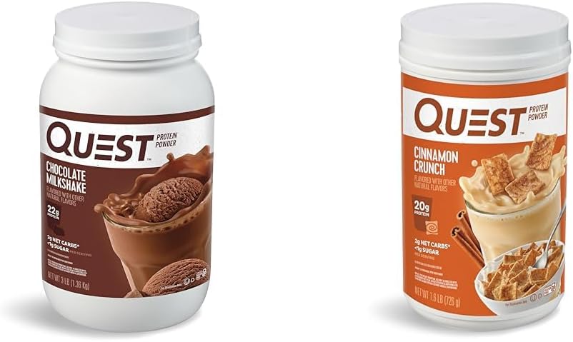 Quest Nutrition Chocolate Milkshake Protein Powder, 22g Protein, 1g Sugar, Low Carb, Gluten Free, 3 Pound, 43 Servings & Cinnamon Crunch Protein Powder, 20g Protein, 2g Net Carb, 1g Sugar