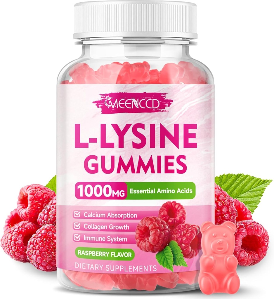 L-Lysine 1000mg Gummies, Lysine συμπλήρωμα για ενήλικες & παιδιά, Essential Amino Acid συμπλήρωμα για τα χείλη & στοματική υγεία, ενίσχυση ανοσοποιητικό & κολλαγόνο & ασβέστιο, ζάχαρη-ελεύθερο, σμέουρο άρωμα, 60 Count
