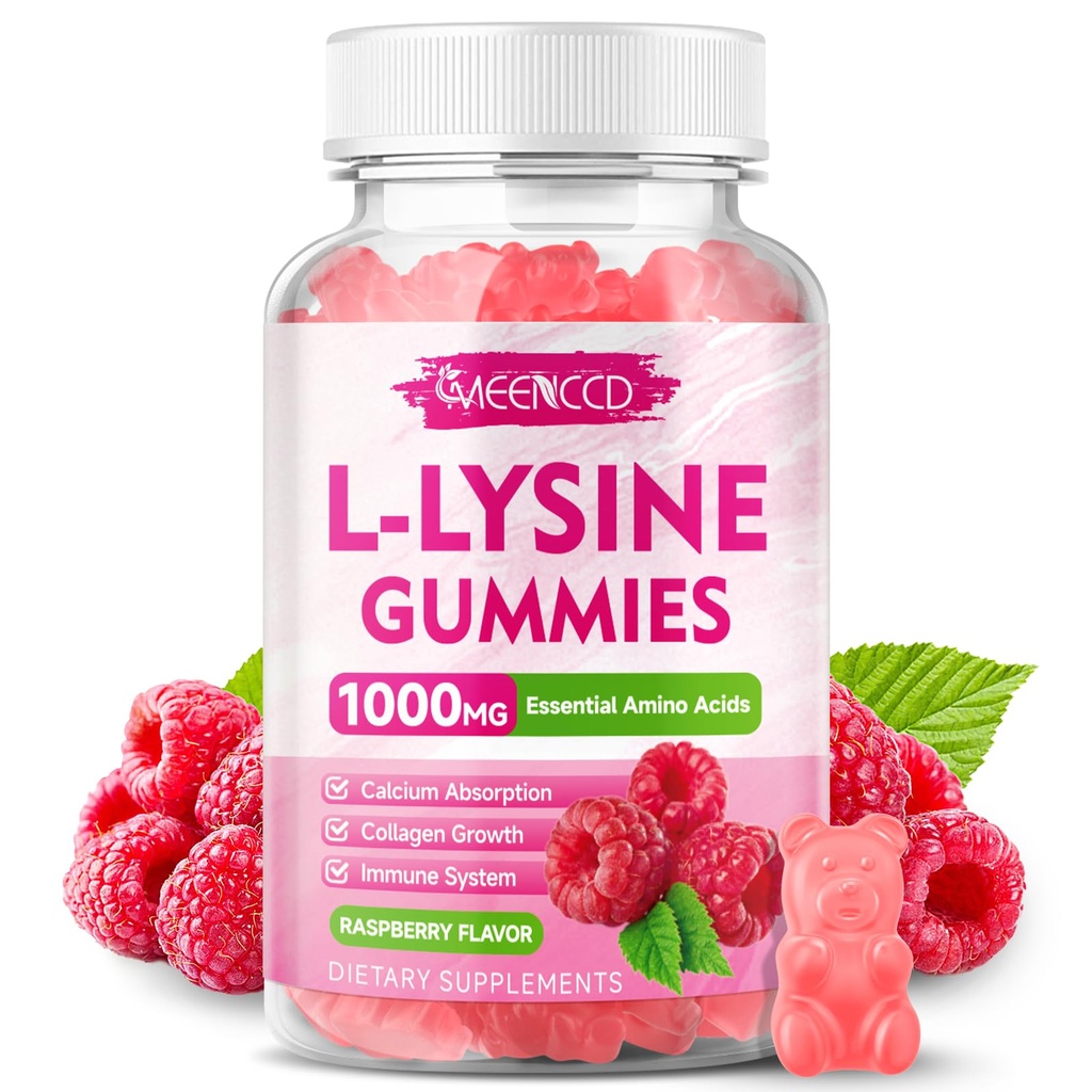 L-Lysine 1000mg Gummies, Lysine συμπλήρωμα για ενήλικες & παιδιά, Essential Amino Acid συμπλήρωμα για τα χείλη & στοματική υγεία, ενίσχυση ανοσοποιητικό & κολλαγόνο & ασβέστιο, ζάχαρη-ελεύθερο, σμέουρο άρωμα, 60 Count