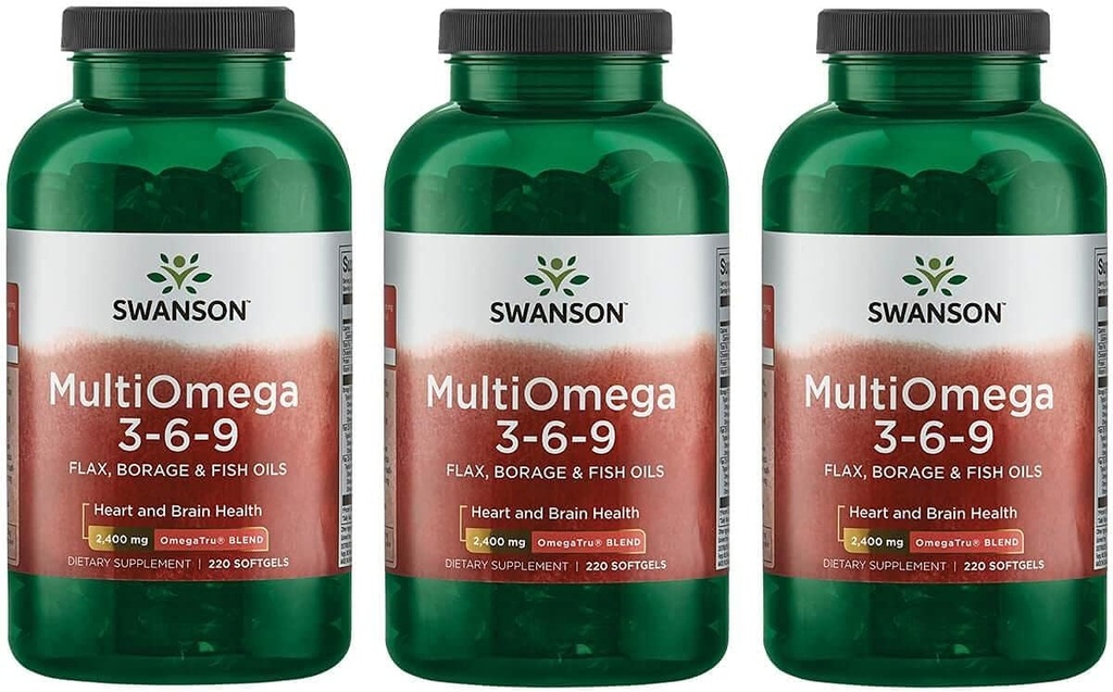 Swanson MultiOmega 3-6-9 - Μη ΓΤΟ Λάδι λιναριού, Λάδι Μποράζ, '&' Κάψουλες ιχθυελαίου - Απαραίτητα λιπαρά οξέα Υποστήριξη Καρδιαγγειακής Υγείας '&' Εγκεφαλική Υγεία - (220 Softgels, 2400mg Σερβίρισμα) 3 Μπουκάλια