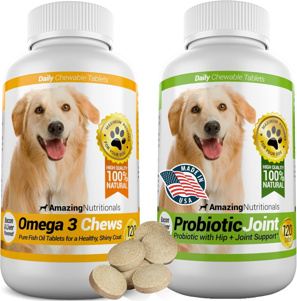 Amazing Combo Omega-3 Fish Oil and Probiotics for Dogs - Pure All-Natural Pet Antioxidant - Promotes Shiny Coat, Brain Health, Eliminates Diarrhea Gas and Joint Pain, 120 Tasty Chews x 2