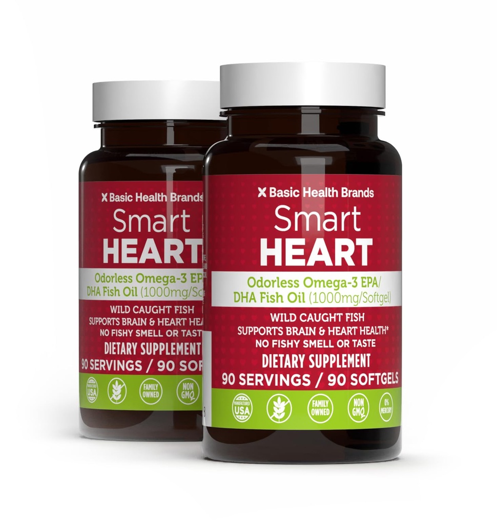 Βασικές μάρκες Έξυπνη καρδιά Odorless Omega-3 ιχθυέλαιο 1000mg - τριπλή δύναμη EPA & DHA, μη GMO, καρδιά & Γνωστική υποστήριξη - 90 Burpless Softgels - 2-Pack