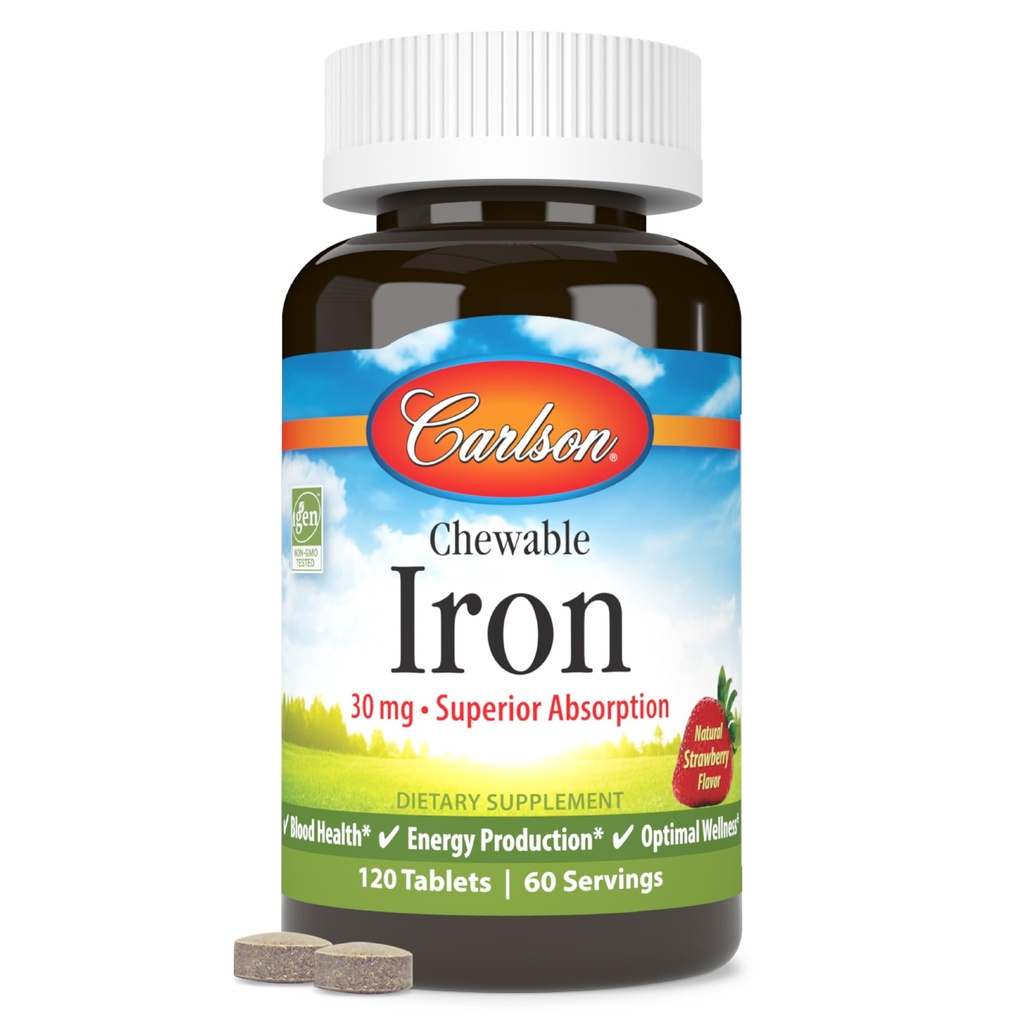 Carlson - Μασώμενος σίδηρος, 30 mg, Superior Απορρόφηση, Υγεία του Αίματος, Ενεργειακή Παραγωγή & Βέλτιστη Ευεξία, Μασώμενο συμπλήρωμα σιδήρου για γυναίκες & άνδρες, Φυσική γεύση φράουλας, 120 δισκία