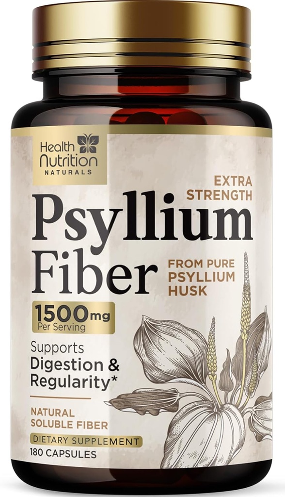 Psyllium Husk Capsules 1500 mg - Natural Fiber Supplement Pills, Daily Digestion, Colon Health, & Regularity Support, Plant Based Psyllium Husks Powder Caps, Vegan, Non-GMO - 180 Veggie Capsules
