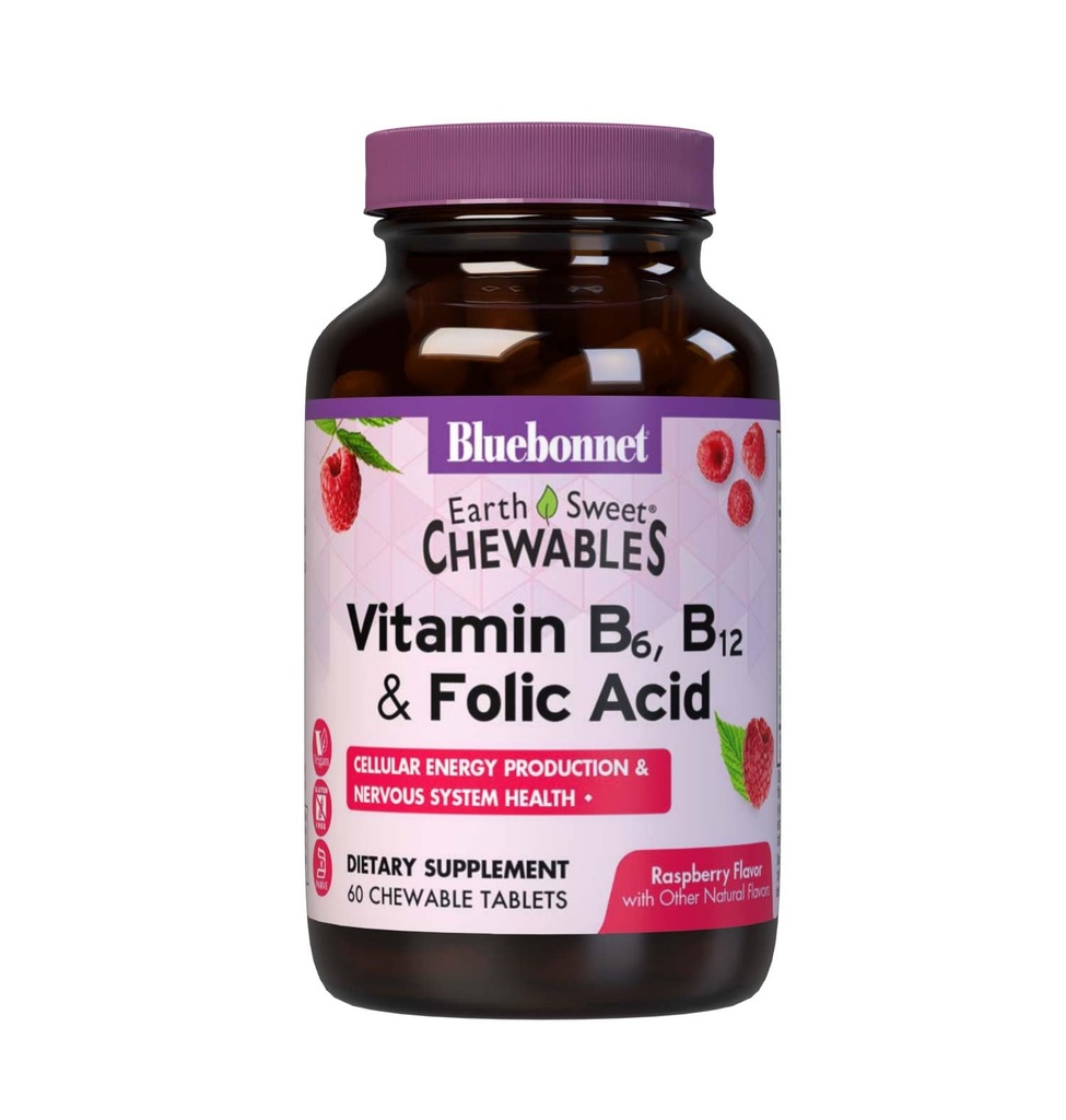 Bluebonnet Διατροφή Γη Γλυκή βιταμίνη B6, B12, Συν Folic Acid Μασώμενα δισκία, Vegan, Χορτοφάγος, Χωρίς γλουτένη, Χωρίς σόγια, Χωρίς γάλα, Kosher, 60 Μασώμενα δισκία, άρωμα σμέουρων