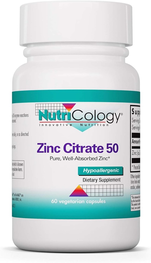 Nutricology Ψευδάργυρος Κιτρικό συμπλήρωμα - Ψευδάργυρος για άνδρες & γυναίκες, Ανοσοποιητική υποστήριξη, καθαρό, καλά απορροφημένο, καλά ανεκτές, Trace Mineral, 50mg χορτοφαγικές κάψουλες - 60 μέτρα