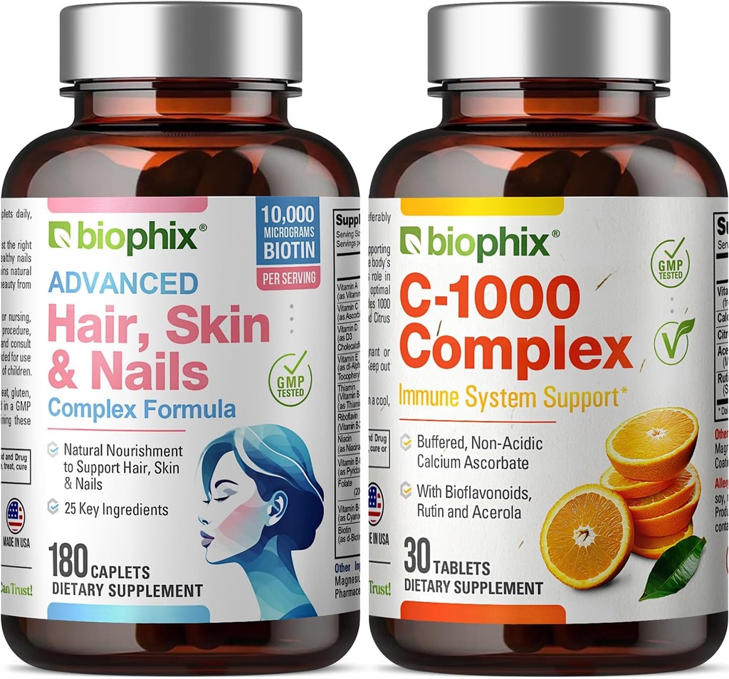 Συγκρότημα δέρματος και νυχιών 180 Caplets με 10000 mcg Biotin - Δωρεάν βιταμίνη C-1000 30 Tablets - Πολυβιταμίνες Υποστηρίζει ισχυρά νύχια Όμορφη υγιής γήρανση μαλλιών