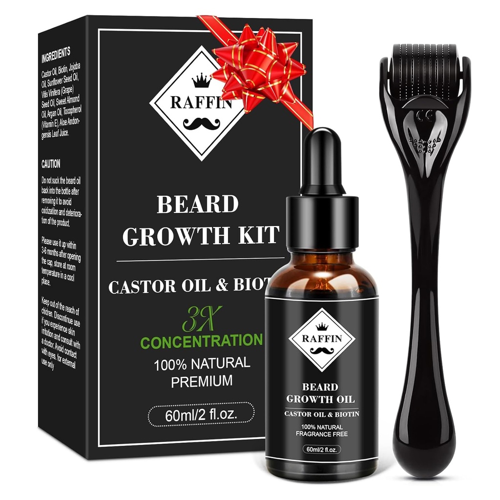 RAFFIN Beard Growth Kit, Αναβαθμισμένο γενεαλογικό Έλαιο Ανάπτυξης (2Oz) w/Maximum Πάχος Biotin & Castor Oil για Spot/Patchy Beard, Επίτευξη Fuller, Thicker & Healthier Beards, Δώρα για τον φίλο του σύζυγο μπαμπά
