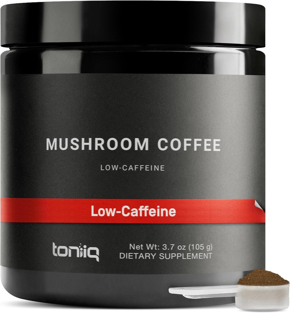 Toniiq Καφές με χαμηλή καφεΐνη - Ultra High Potency 10:1 Συμπυκνωμένο εκχύλισμα - Κολομβιανής προέλευσης φασόλια με 10 Mushroom Blend, Mane Lion & Cordyceps - Λειτουργική εναλλακτική καφέ