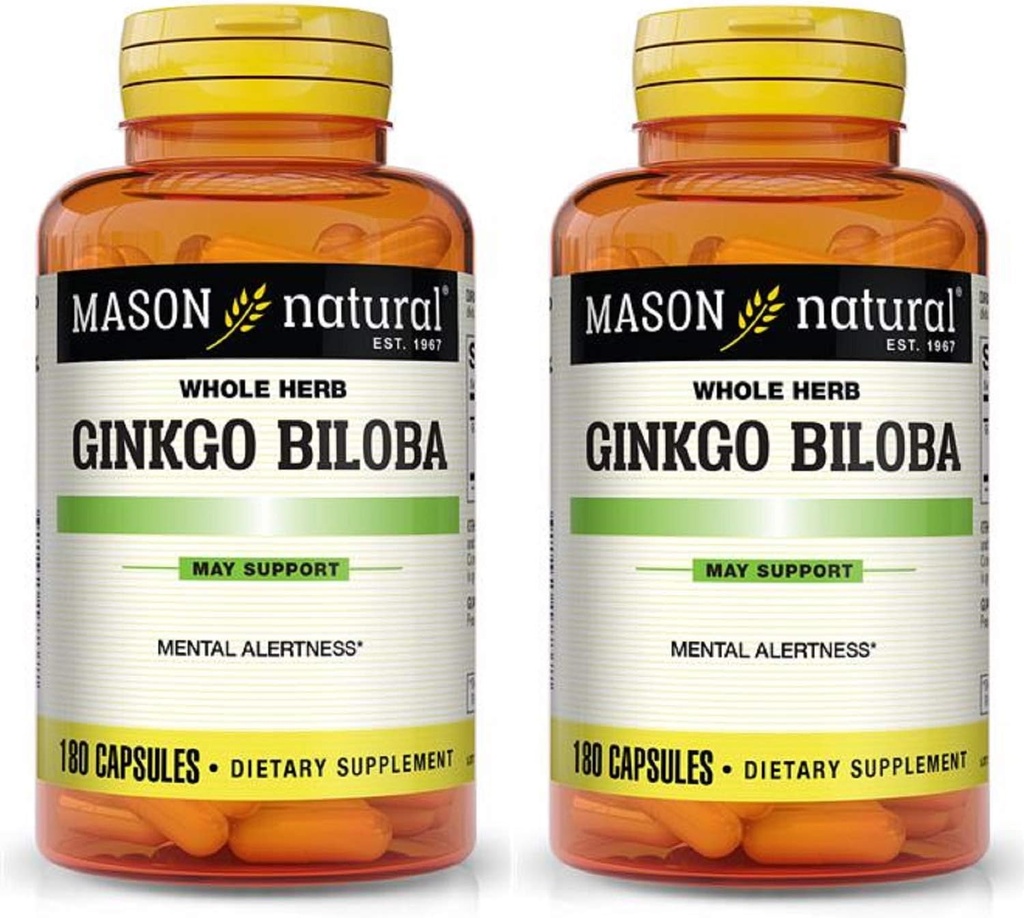 Mason Vitamins Ginkgo Biloba 500 mg 180 Ζελατίνες Κάψουλες ανά φιάλη, Συσκευασία των 2 Μπουκαλιών Σύνολο 360 Καψάκια