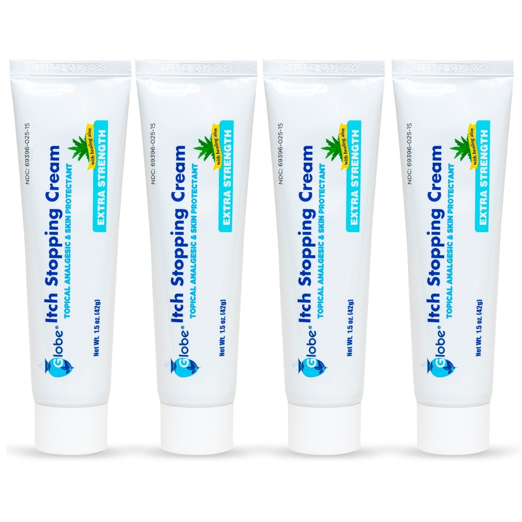 (4 Pack) Globe Extra Strength Itch Stoping Anti-Itch Cream 1,5 Oz με Histamine Blocker, Diphenhydramine HCl Topical Analgesic & Zinc Acetate Skin Protectant for Relief from Most Outdoor Iches