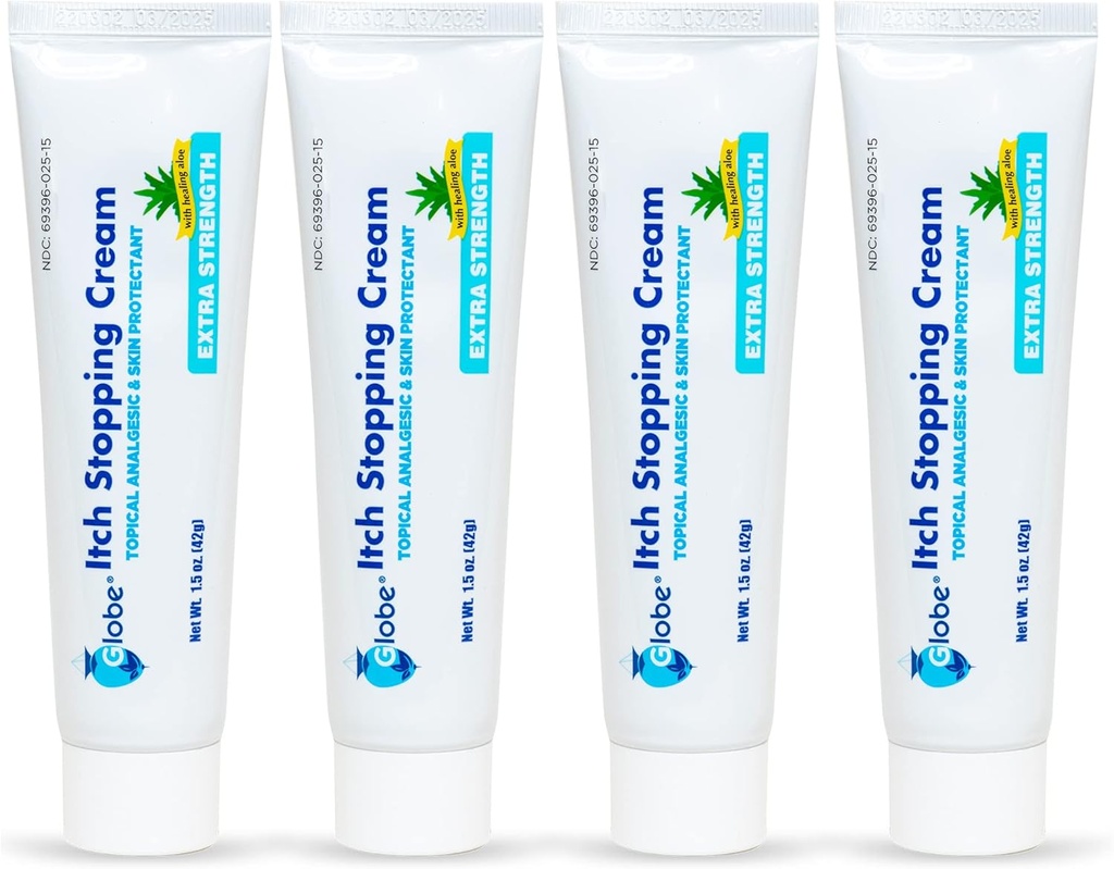 (4 Pack) Globe Extra Strength Itch Stoping Anti-Itch Cream 1,5 Oz με Histamine Blocker, Diphenhydramine HCl Topical Analgesic & Zinc Acetate Skin Protectant for Relief from Most Outdoor Iches