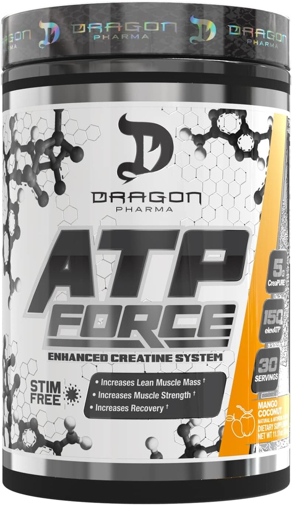 DRAGON PHARMA ATP δύναμη Ενισχυμένη Creatine System, Stim-free, Αύξηση Lean μυϊκή μάζα & ανάκτηση, 5 γραμμάρια CreaPure, βελτιώνει τη ροή του αίματος (30 υπηρεσίες, Mango καρύδα)