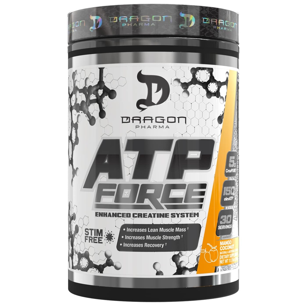 DRAGON PHARMA ATP Force Enhanced Creatine System, Stim-Free, Increase Lean Muscle Mass & Recovery, 5 Grams of CreaPure, Improves Blood Flow (30 Servings, Mango Coconut)