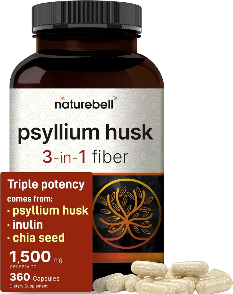 NatureBell Psyllium Husk Fiber συμπλήρωμα, 1.500mg ανά υπηρεσία, 360 κάψουλες 