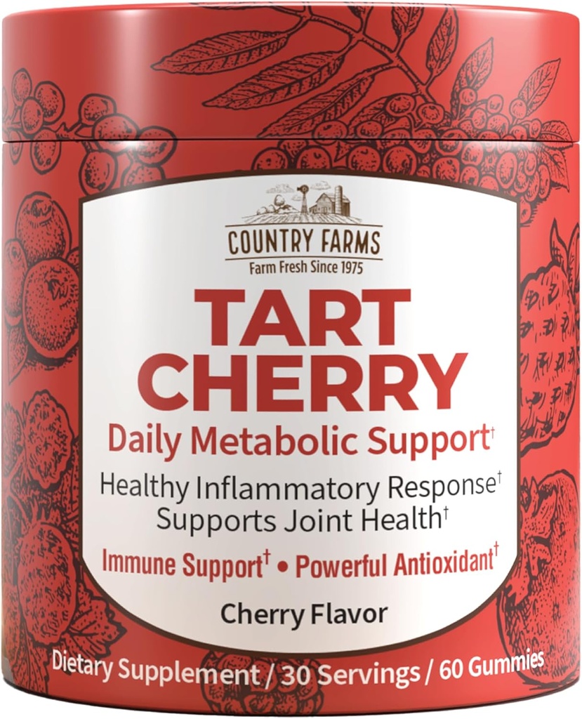 Χώρα Αγροκτήματα Tart Cherry Gummies, Dialy Μεταβολική Υποστήριξη, Υποστηρίζει την υγεία των οστών, συσκευάζεται με ισχυρά αντιοξειδωτικά, Cherry Flavor, 60 Gummies