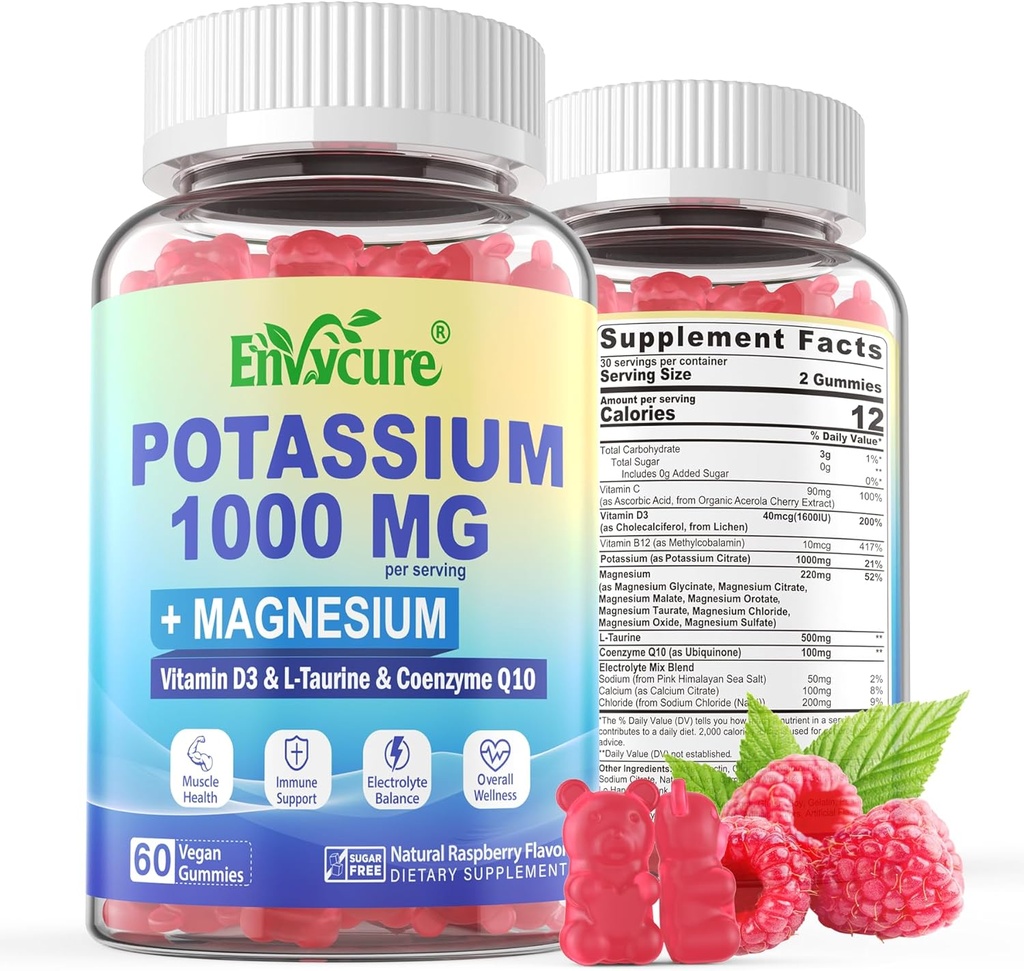 Potassium Supplement Gummies - 1000mg Potassium Citrate with Magnesium Complex/Glycinate/Citrate, Coq10, L-Taurine, B12,D3–Electrolyte, Energy, Brain - Potassium Magnesium Supplement for Adults, 2Pack