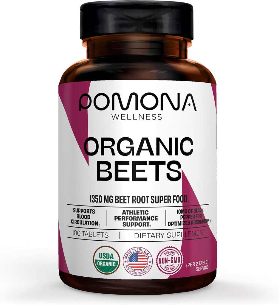 Pomona Wellness Beetroot Supplement Powder 1350mg, Υποστηρίζει την αρτηριακή πίεση, την καρδιακή υγεία, την κυκλοφορία, την ενέργεια και την αθλητική απόδοση, USDA Organic, μη GMO, Vegan, 100 δισκία