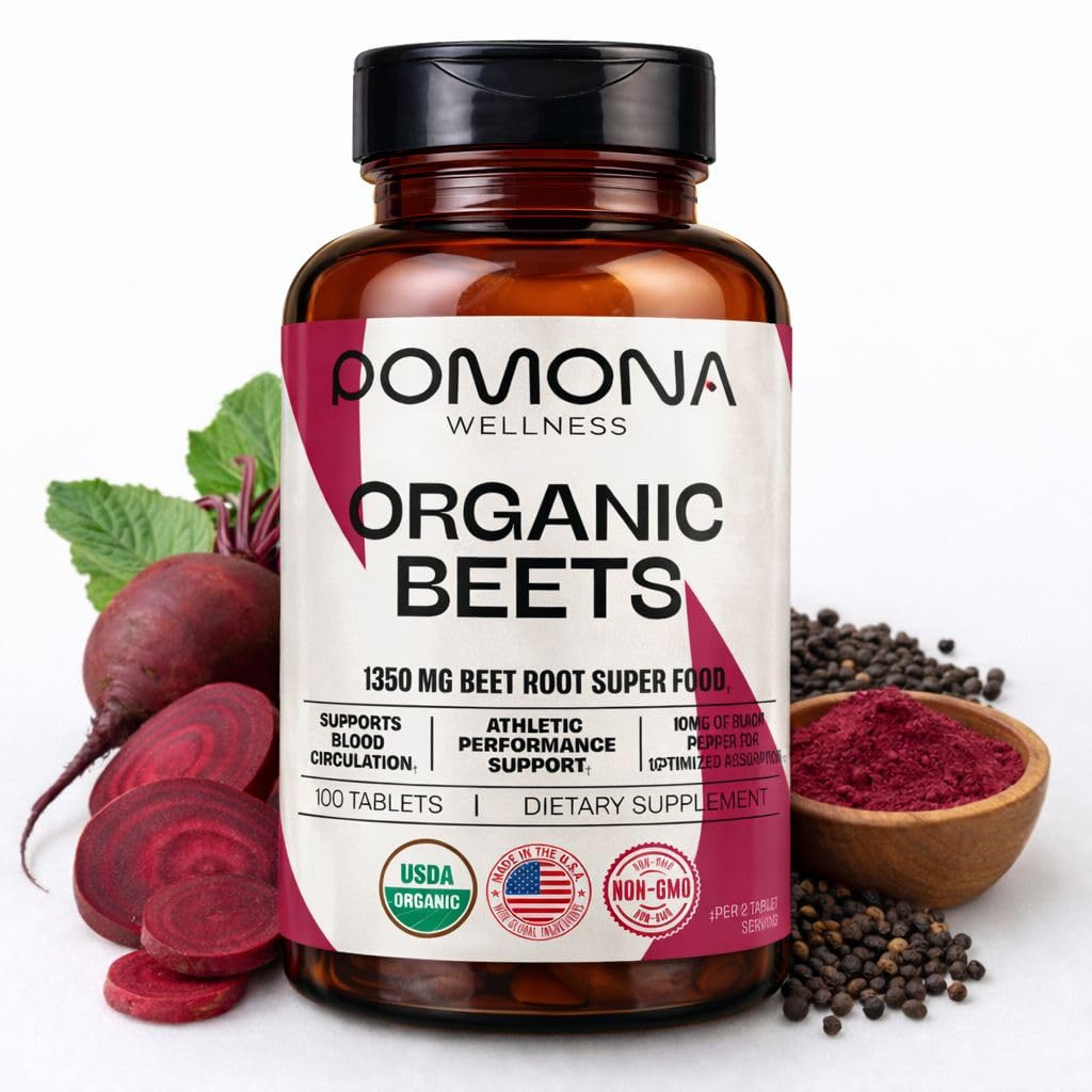 Pomona Wellness Beetroot Supplement Powder 1350mg, Υποστηρίζει την αρτηριακή πίεση, την καρδιακή υγεία, την κυκλοφορία, την ενέργεια και την αθλητική απόδοση, USDA Organic, μη GMO, Vegan, 100 δισκία