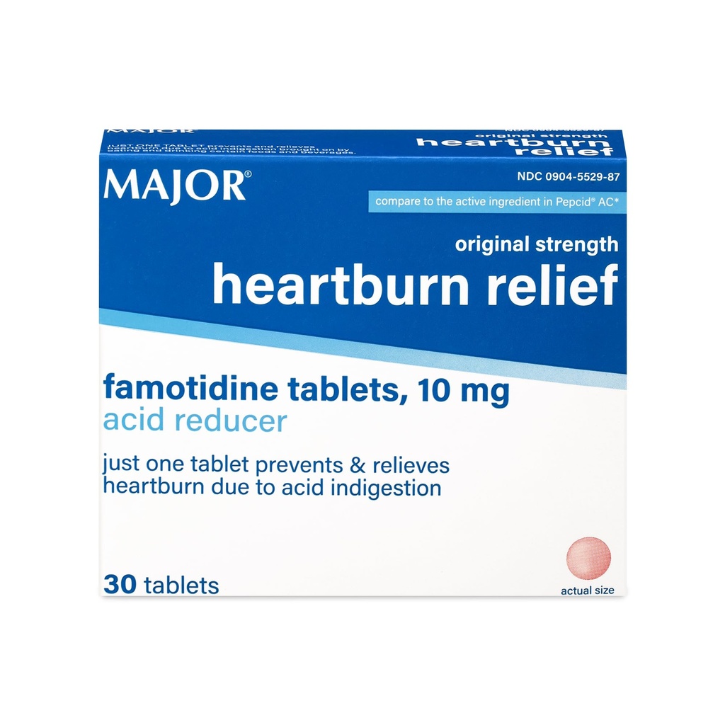 MAJOR Original Strength Heartburn Relief - Δισκία Φαμοτιδίνης, 10 mg - Οξύ Μειωτήρα - 30 Δισκία (1- Πακέτο)