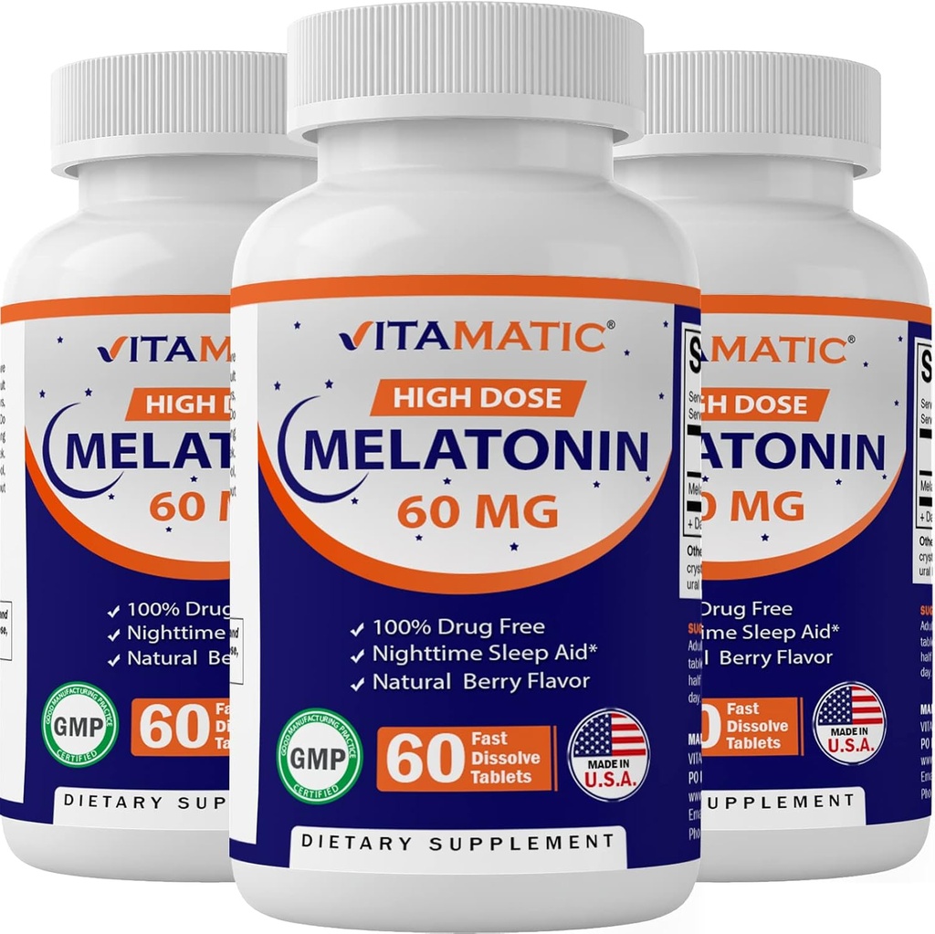 Vitamatic Melatonin 60 mg Ταμπλέτες ταχείας διάλυσης - 60 Vegan Natural Berry Flavor Tablets - Μη Σχηματίζοντας Συντήρηση - Μη ΓΤΟ, Χωρίς Γλουτένη (3 Φιάλες)
