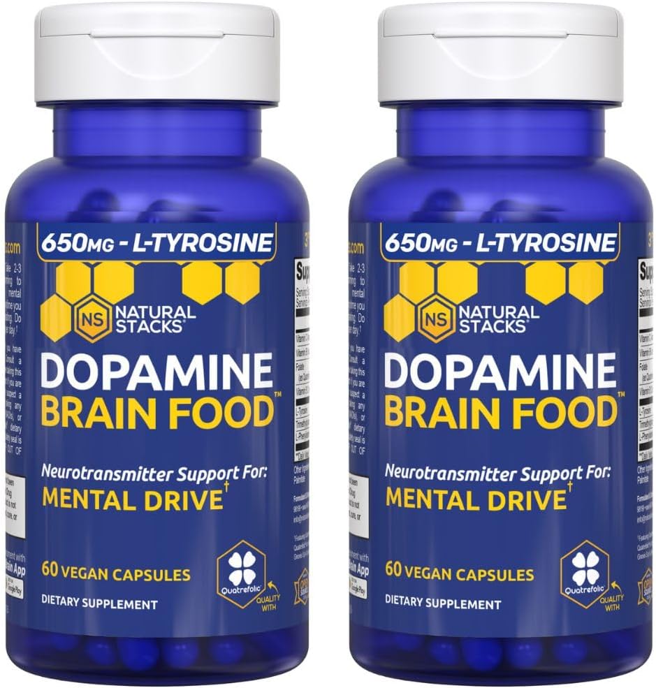 Dopamine Brain Food - 650mg L-Τυροσίνη συμπλήρωμα - Ντοπαμίνη συμπλήρωμα για Focus & Mental Drive - Υποστηρίζει ψυχική ενέργεια - Νευροδιαβιβαστής Υποστήριξη με βιταμίνες Β - 120 κάψουλες