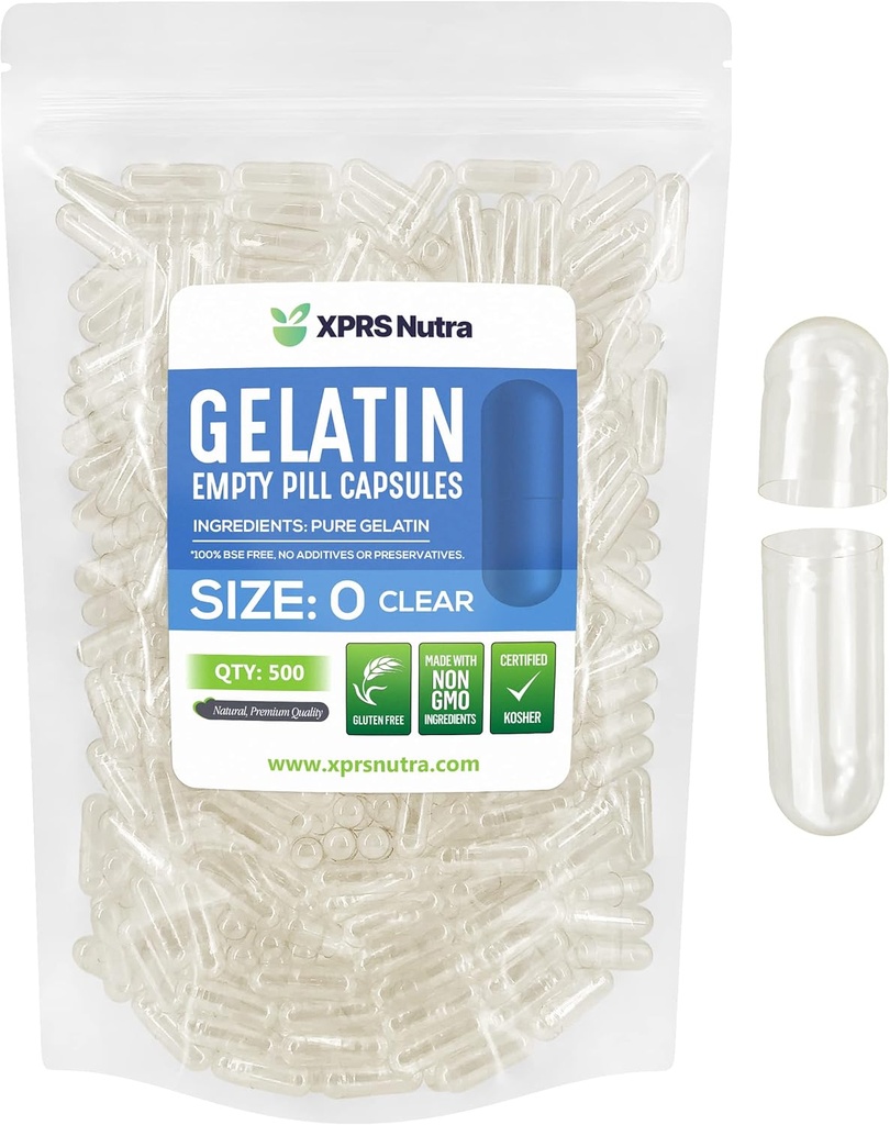 XPRS Nutra Μέγεθος 0 Κενές κάψουλες - 500 Clear Count Empty Gelatin Κάψουλες - Χάπια για DIY Καψάκιο Γέμισμα - Γέμισμα Pure Bovine Pill Gel Caps για DIY Συμπληρώματα