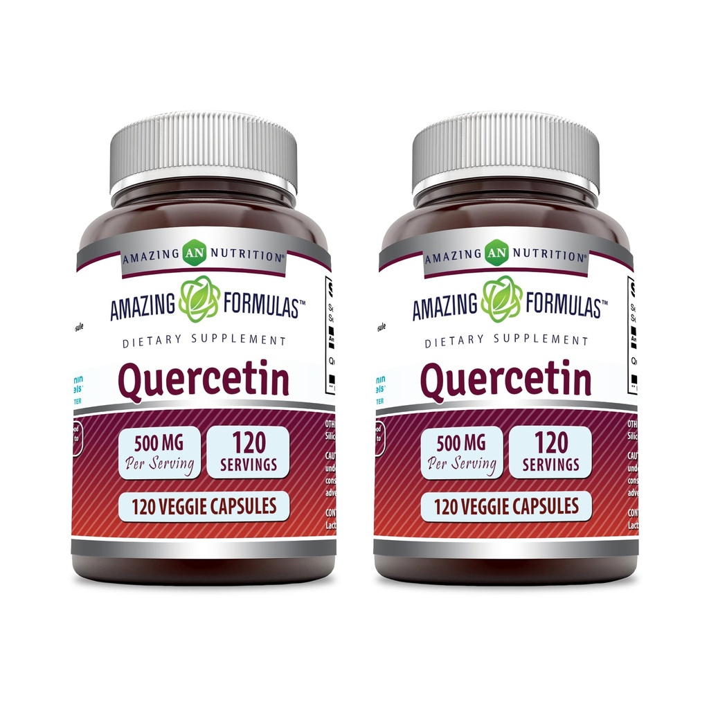 Amazing Formulas Quercetin 500mg Veggie Capsules Supplement | Non-GMO | Gluten Free | Supports Overall Health & Well Being (120 Count | 2 Pack)