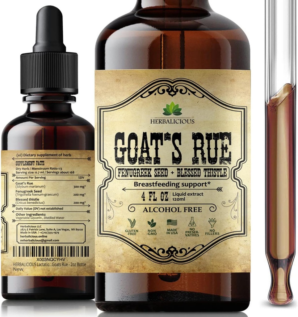 HERBALICIOUS Goat's Rue Liquid Extract 4 fl oz - Φυσικό βοτανικό βάμμα με Goat's Rue, Fenugreek Σπόροι, Ευλογημένη Θήκη - Αλκοόλ Δωρεάν συμπλήρωμα μη ΓΤΟ Γαλουχίας για Αυξημένο Μητρικό Γάλα