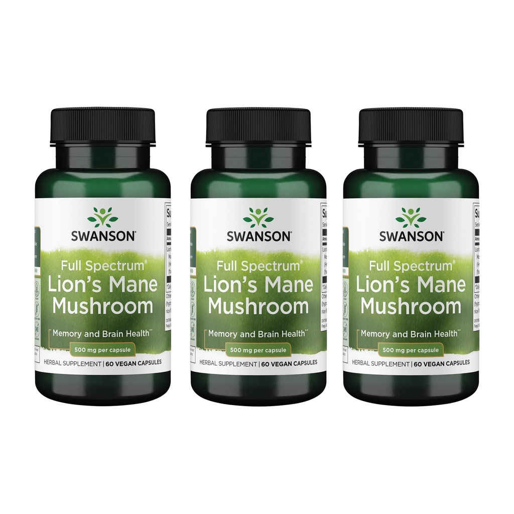 Σουάνσον Lion's Mane Mushroom - Παραδοσιακό συμπλήρωμα Booster εγκεφάλου Made from Hericium Erinaceus (60 κάψουλες, 500mg έκαστος) 3 Pack