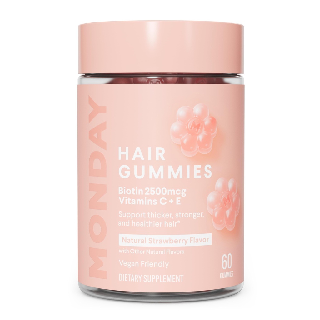 MONDAY HAIRCARE Μαλλιά Gummies με 2500 mcg Βιοτίνη, βιταμίνη C & Vitiman E για Thicker, ισχυρότερη και πιο υγιή μαλλιά 60ct