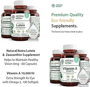 Natural Nutra Lutein και Zeaxanthin συμπλήρωμα χωρίς σόγια, 20mg - 60 κάψουλες και βιταμίνη Α 10.000 IU, Βοηθά στη διατήρηση της υγιούς όρασης με ωμέγα 3, 100 Gluten Free Softgels