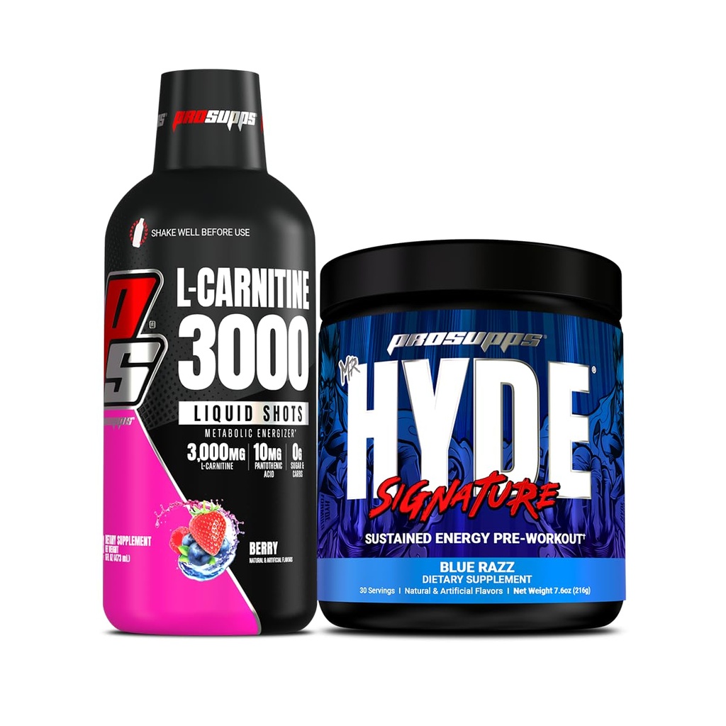 PROSUPPS L-Καρνιτίνη 3000 διεγερτικές δωρεάν ενέσεις υγρού (31 σέρβις, μούρο) και ο κ. Hyde Signature Series Pre-Workout Ενεργειακά σε σκόνη ποτό (30 σέρβις, μπλε Razz) Bundle