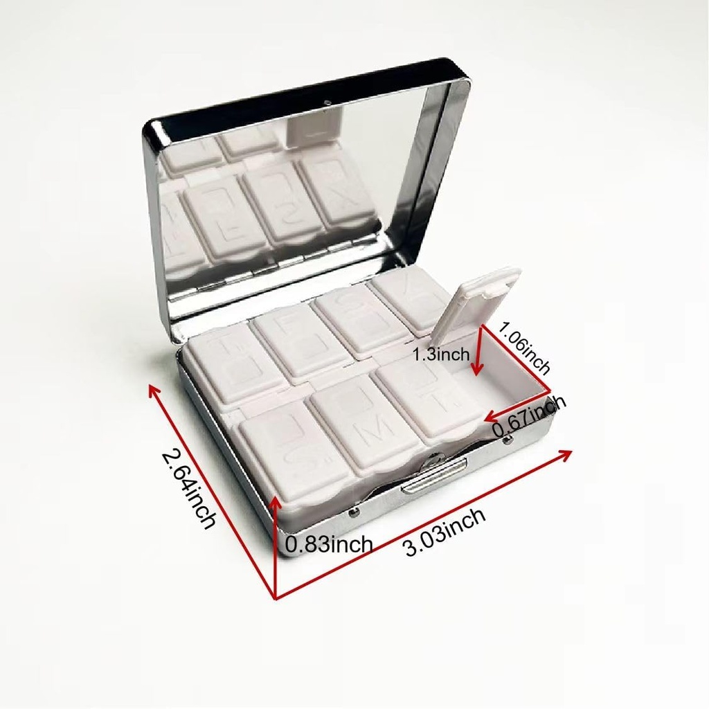Vintage Δηλητήριο 7 ημέρες χρωμάτισε γυαλιστερό Silver Pill Organizer με καθρέφτη μέσα έχει 8 ξεχωριστά διαμερίσματα Ορθογώνιο 7 ημέρες Χάπια κουτί χάπι περίπτωση
