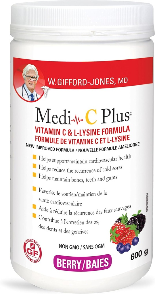 Dr. Gifford-jones Προτεινόμενη Διατροφή Medi-C Plus Βιταμίνη C & L-λυσίνη Φόρμουλα Berry Flavour 600g