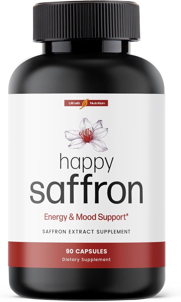 Ultra6 Διατροφή Happy Saffron Συμπληρώματα - 100% Pure Saffron Extract συμπλήρωμα για την υποστήριξη της υγείας των ματιών - Ενισχυτής Mood για γυναίκες & άνδρες (90 εξυπηρετούν)