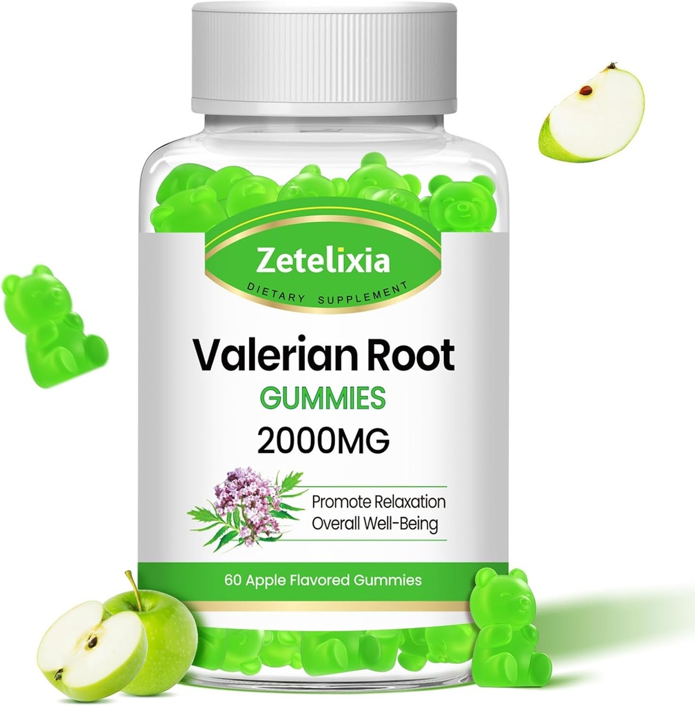 Organic Valerian Root Gummies, βοτανικό συμπλήρωμα για την υποστήριξη χαλάρωσης και διάθεσης, Sleep Gummies Χωρίς μελατονίνη για ενήλικες, Vegan, μη ΓΤΟ, Apple Flavor, 60 Count