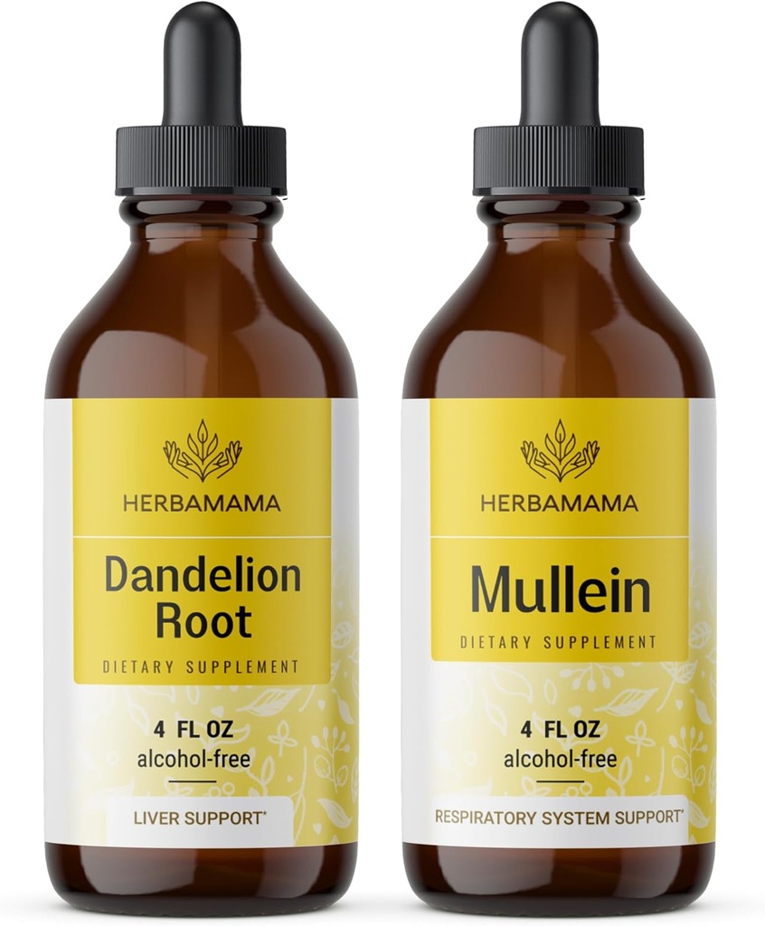 Herbama Herbal Liquid Drops Kit - Bundle of Dandelion Root and Mullein Leaf Timcture 4 fl oz - Vegan, Non-GMO, Sugar & Alcohol-Free - 2 Pack