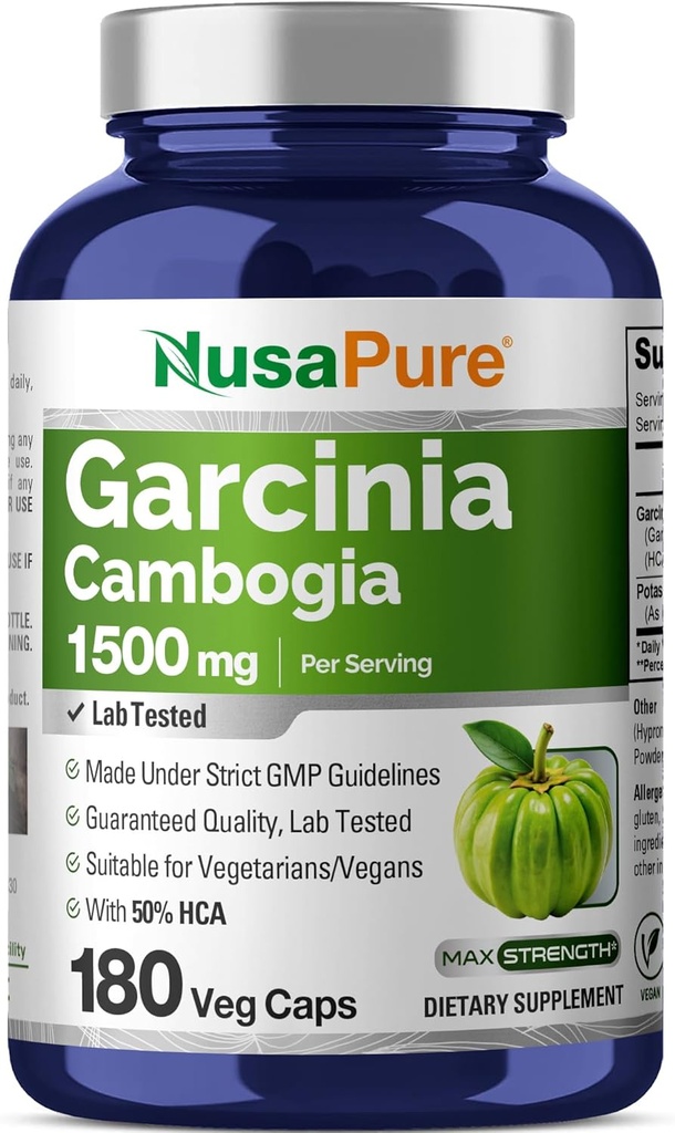 NusaPure Garcinia Cambogia 180 Veggie Capsules 1500mg (Vegetarian, Non-GMO, Vegan)