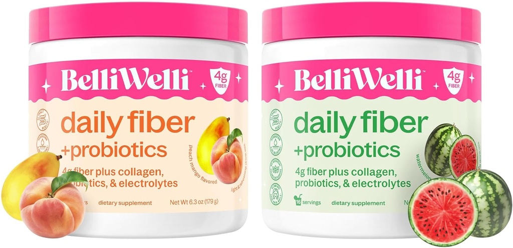 Belli Welli Daily Fiber Supplement Bundle with Collagen, Probiotics & Electrolytes – Ροδάκινο Mango & Καρπούζι Γεύσεις – Υποστηρίζει Digestion, Υπόλοιπο κόκκων, Debloating – 32 Υπηρεσίες Σύνολο