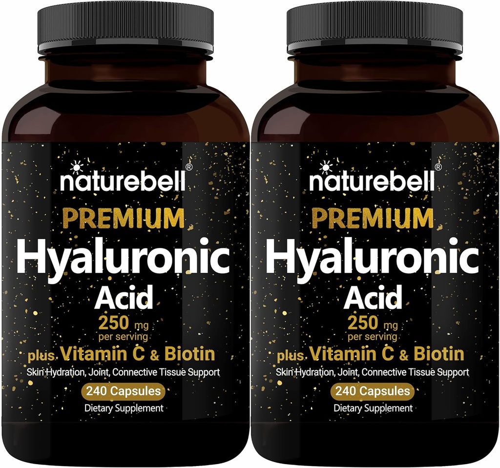 NatureBell 2 Pack Plant Based Hyaluronic Acid Supplements 250mg with 25mg Vitamin C & Biotin 5000mcg, 480 Total Capses 