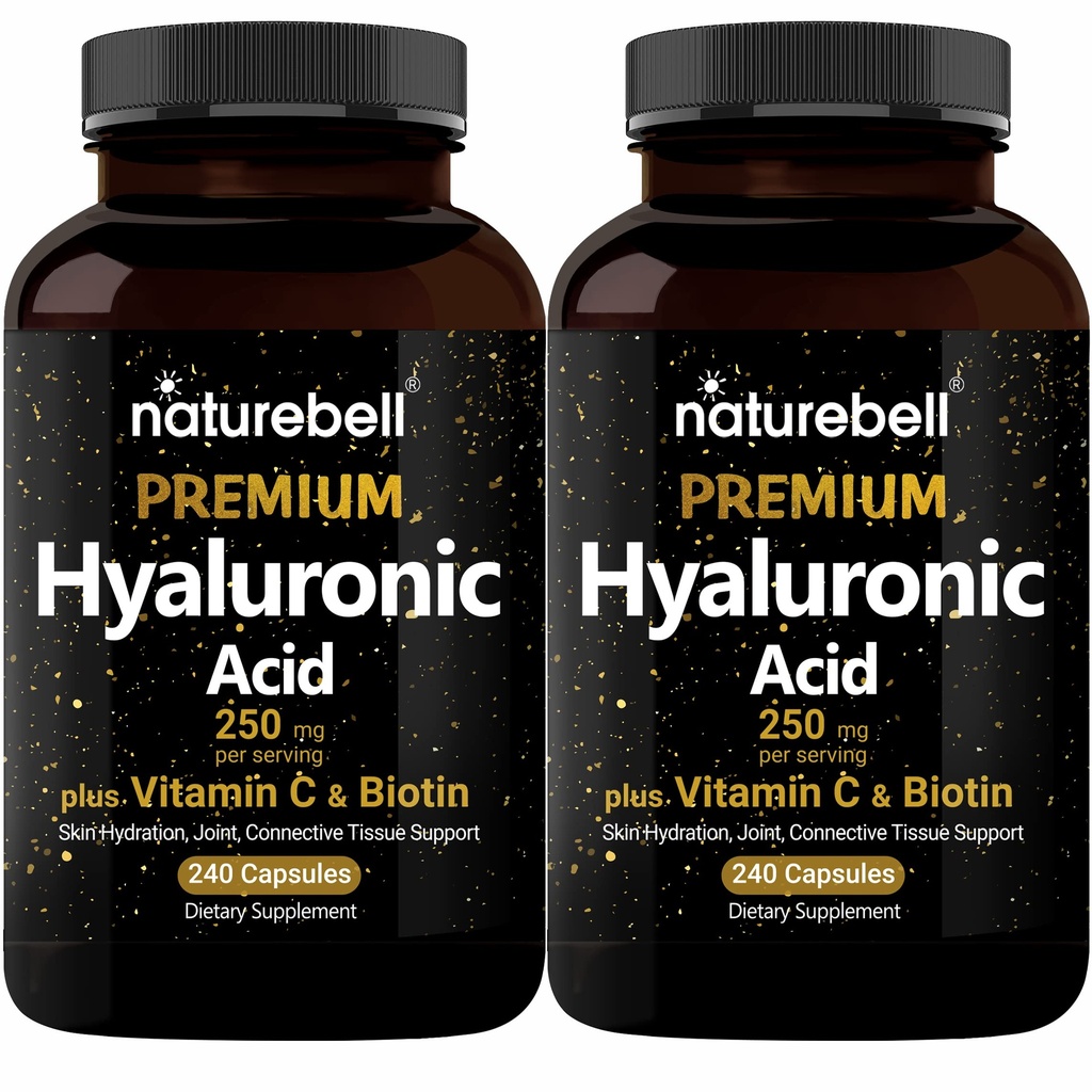 NatureBell 2 Pack Plant Based Hyaluronic Acid Supplements 250mg with 25mg Vitamin C & Biotin 5000mcg, 480 Total Capses 