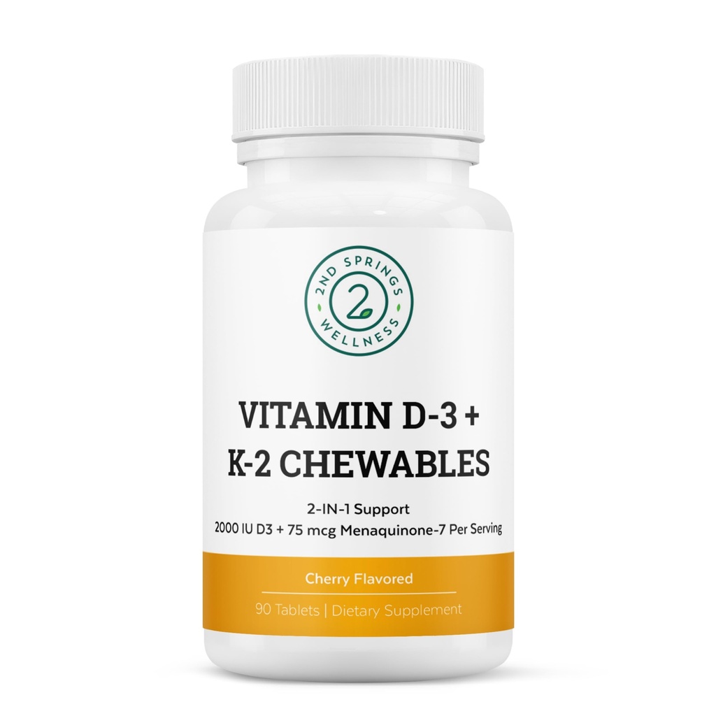 Vitamin D3 + K2 Chewables - 2000 IU Vitamin D and MK7 K2 (Menaquinone-7) - Cherry Flavored Tablets - Vitamin D + K2 Supplement for Adults and Kids