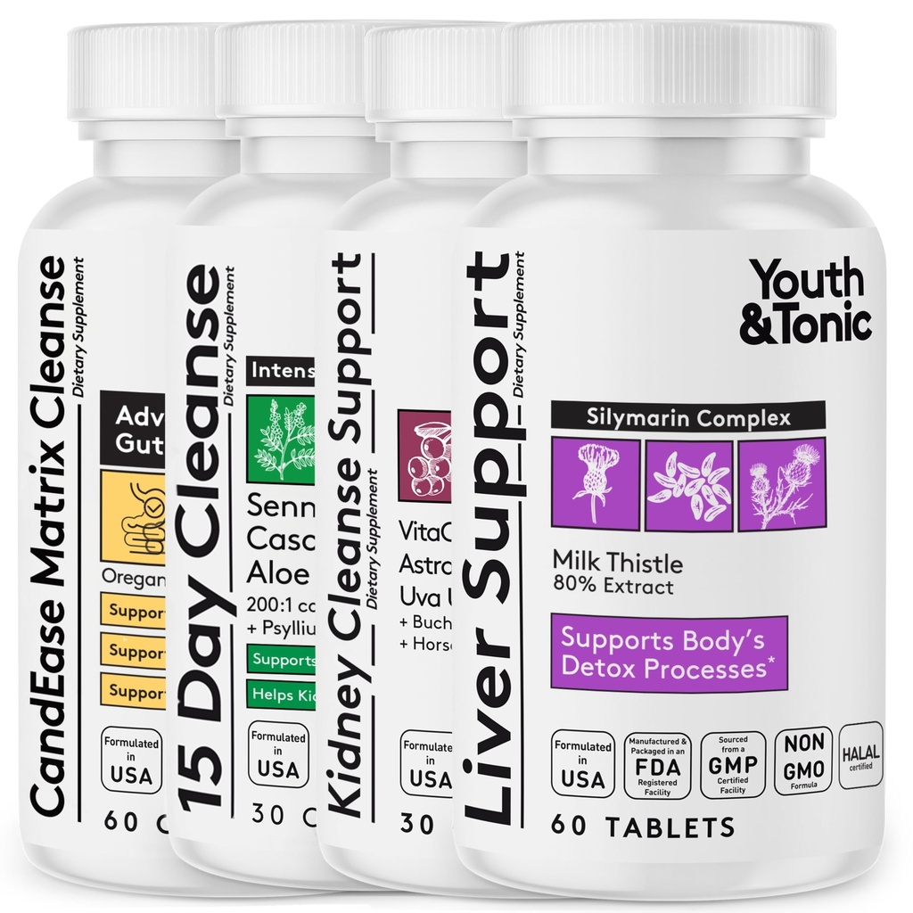 Youth & Tonic 4X Body Detox and Cleanse for Women & Men with Liver Support, Kidney and Colon Cleanse and CandEase Matrix. 180 Χάπια