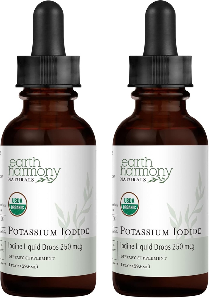 USDA Organic Potassium Iodide 250 mcg Liquid Supplement 2-Pack (1-Year Supply) - Supports The Thyroid Gland and Helps Exposure & Low Levels of Iodine - More Bioavailable Than Tablets, Pills - 1 Fl Oz