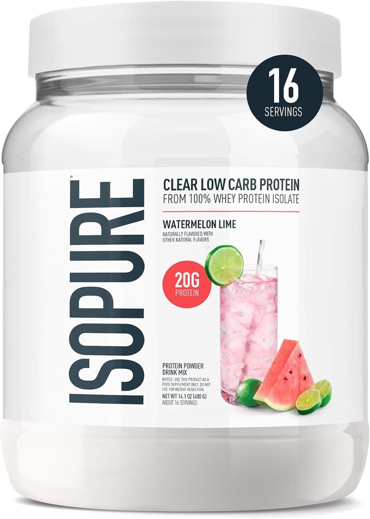 Isopure Clear Whey Isolate Protein Powder, Lactose Free, Gluten Free, φυσικά αρωματισμένο, Cartermelon Lime, 20g Protein Per Serving, 14,1 Oz, 16 Servings (Packaging May Vary)