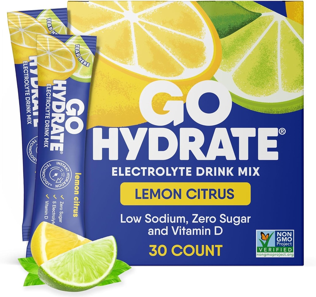 GoHydrate Instant Hydration Powder Packets - Low Sodium Electrolytes Drink Mix - Natural Hydration Support, Sugar Free Electrolyte Flavored Powder Drink with Vitamin D, 30 Packs, Lemon Citrus