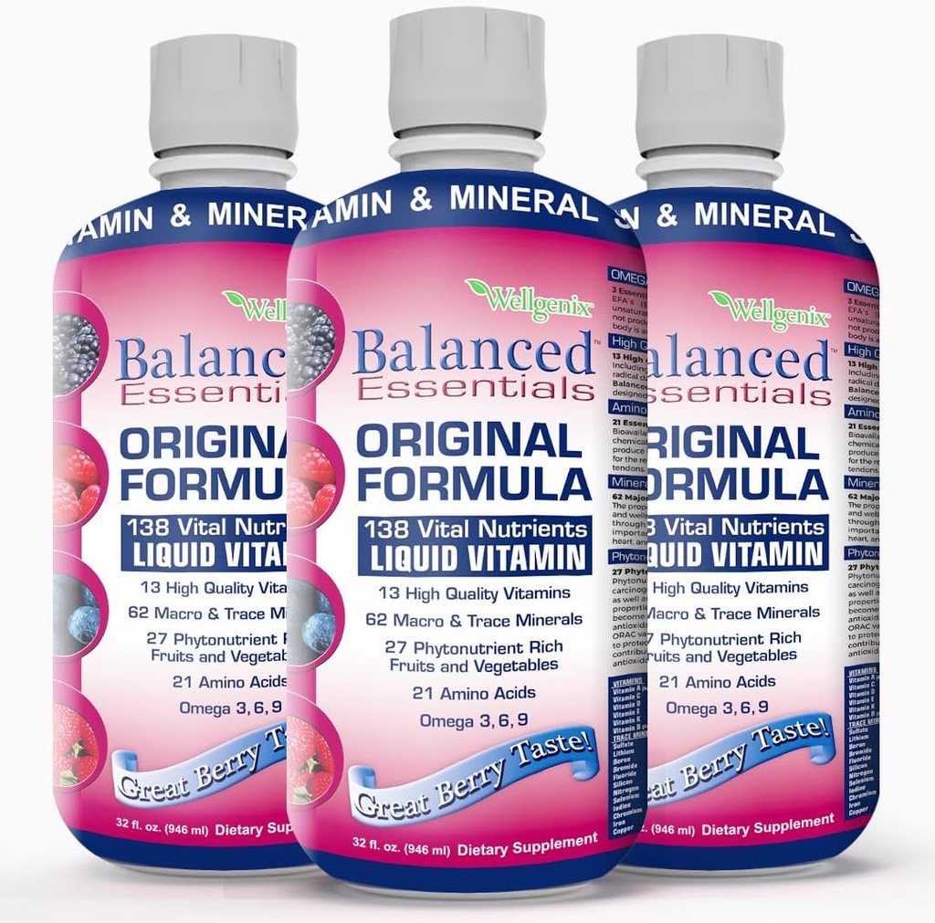 Wellgenix Balanced Essentials Plus New Formula - Liquid Vitamin - Complete Multivitamin Supplement - 1oz Daily - Immune Boosting & Overall Health - Adults, Kids, Toddlers - Berry Flavor 32oz (3)