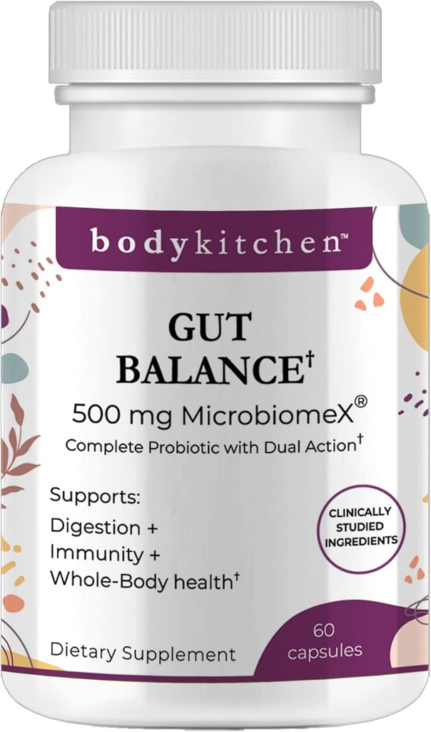 Body Kitchen Gut Balance Complete Probiotic Supplement, Supports Digestion, Immunity and Whole Body Health, Κλινικά Σπουδασμένα Συστατικά, Κατασκευασμένο στις ΗΠΑ, Veggie Caps, 60 Count